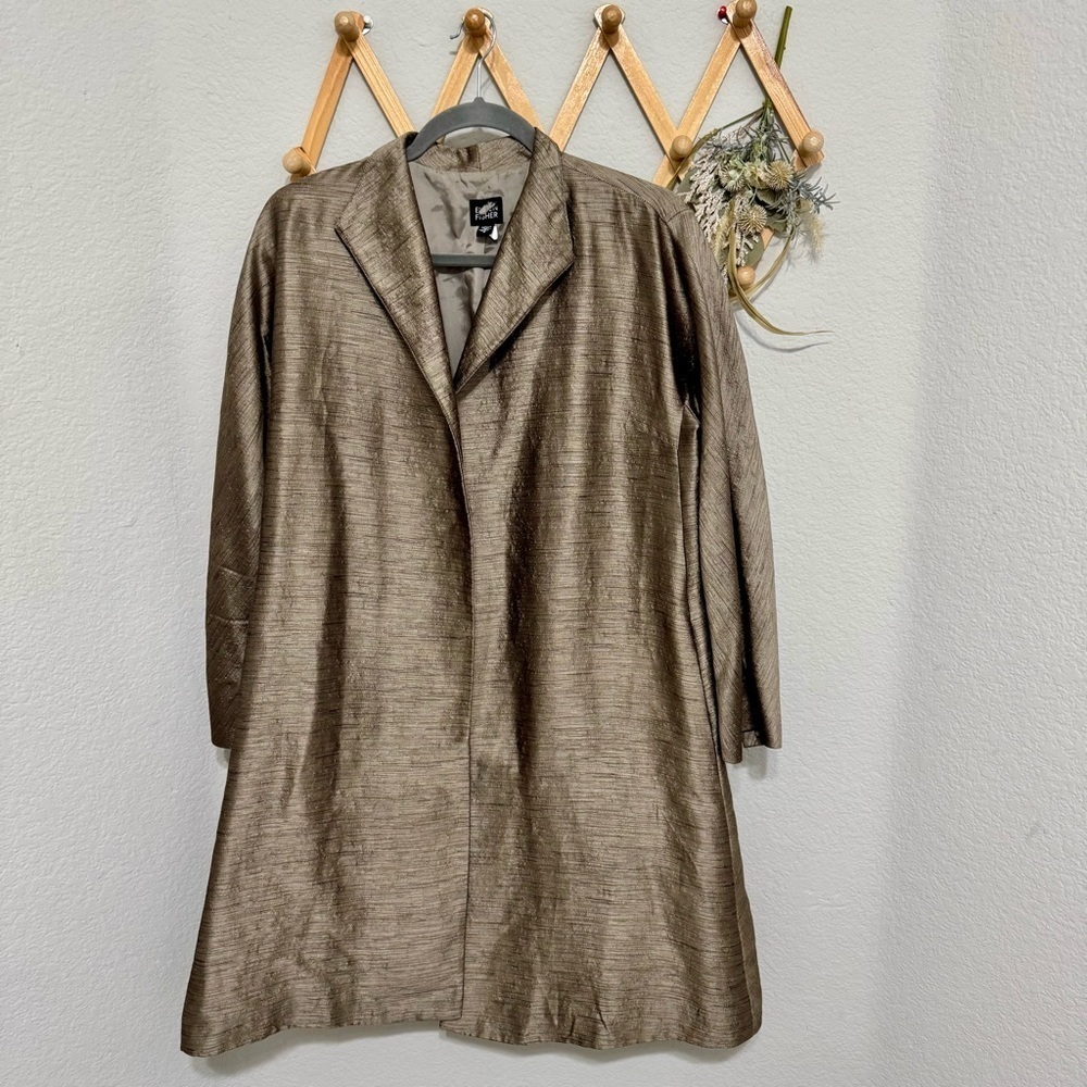 Eileen Fisher Bronze Brown Open Silk Wool Blend Jacket Coat Sz S
